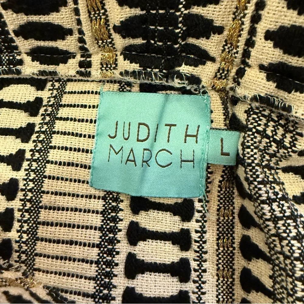 Judith March Women’s Textured Black Gold Cream Tapestry Faux Wrap Mini Skirt L